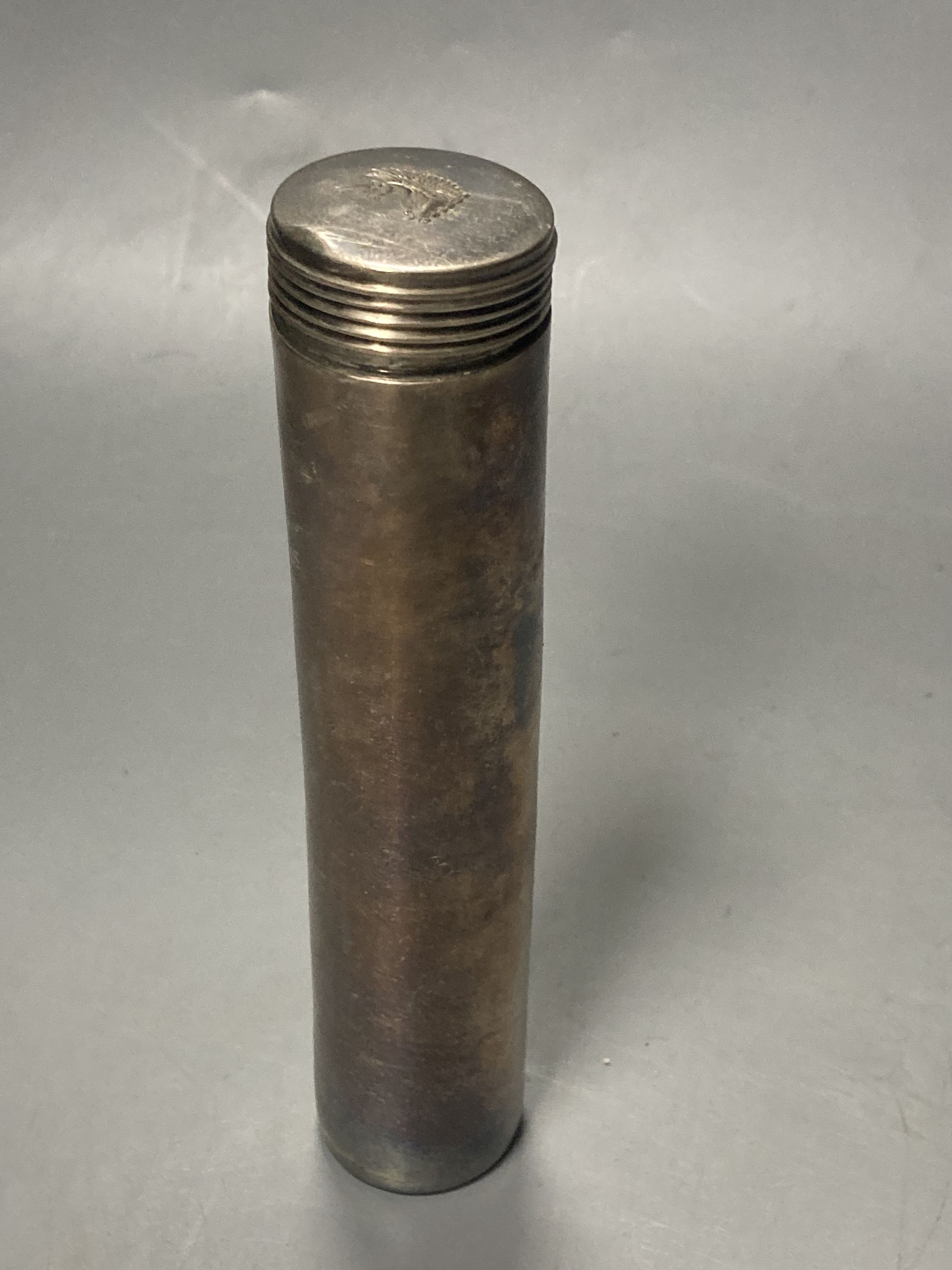 Three silver mounted travelling jars, two in a case, largest 17.1cm,